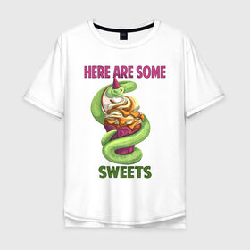 Мужская футболка хлопок Oversize с принтом Змеиные ссссладости в Новосибирске, 100% хлопок | свободный крой, круглый ворот, “спинка” длиннее передней части | snake | sweet | sweets | десерты | змея | сладкое