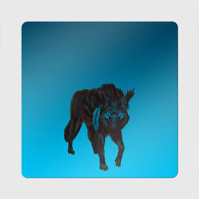Магнит виниловый Квадрат с принтом черный дух волка в Новосибирске, полимерный материал с магнитным слоем | размер 9*9 см, закругленные углы | Тематика изображения на принте: волк | волченок | волчица | градиент | дух | небесный | перо | серьги в ухе | спирит | темный | череный | черный зверь