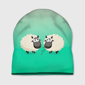 Шапка 3D с принтом две овечки пасутся на лугу в Новосибирске, 100% полиэстер | универсальный размер, печать по всей поверхности изделия | барашек | вектор | градиент | две | детский | друзья | коза | кудри | луг | милый | минимализм | нарисованный | овечка | овца | пара | пасутся | рисунок | ферма | шерсть