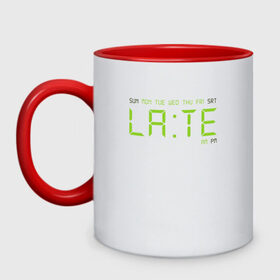 Кружка двухцветная с принтом LATE в Новосибирске, керамика | объем — 330 мл, диаметр — 80 мм. Цветная ручка и кайма сверху, в некоторых цветах — вся внутренняя часть | cofe | coffee | good | late | morning | night | sleep | tea | time | watch | будильник | время | доброе | кофе | кофеин | ночь | сон | утро | чай | часы | энергетик | энергия