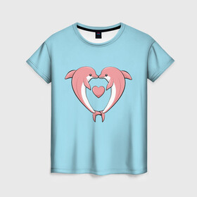 Женская футболка 3D с принтом Дельфины в Новосибирске, 100% полиэфир ( синтетическое хлопкоподобное полотно) | прямой крой, круглый вырез горловины, длина до линии бедер | 8 марта | глаза | девушке | дельфины | жене | любимой | любовь | море | океан | отдых | подарок | розовые | рыба | солнце | хвост | чувства | эстетика