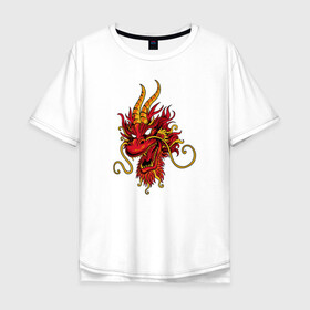 Мужская футболка хлопок Oversize с принтом Китайский дракон в Новосибирске, 100% хлопок | свободный крой, круглый ворот, “спинка” длиннее передней части | dragon | дракон | китай | китайский дракон | красная дракон | огонь | рога