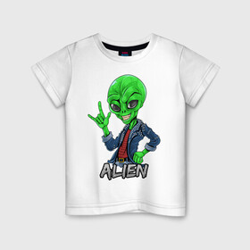 Детская футболка хлопок с принтом Пришелец рокер в Новосибирске, 100% хлопок | круглый вырез горловины, полуприлегающий силуэт, длина до линии бедер | alien | инопланетянин | кожанка | крутой | нло | пришелец | рок | рокер | хипстер