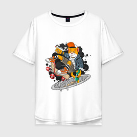 Мужская футболка хлопок Oversize с принтом Кот скейтер в Новосибирске, 100% хлопок | свободный крой, круглый ворот, “спинка” длиннее передней части | доска | кеды | кот | скейтер | спорт | хипстер