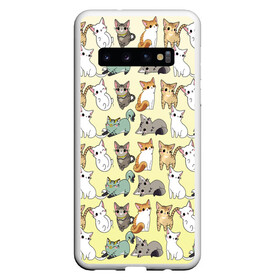Чехол для Samsung Galaxy S10 с принтом мультяшные котики на желтом мя в Новосибирске, Силикон | Область печати: задняя сторона чехла, без боковых панелей | Тематика изображения на принте: ветеринар | градиент | домашний питомец | котейки | котики | коты | котэ | котята | кошатник | кошатница | кошачьи | кошки | любитель животных | много | мультяшные | мяу | нэко | рисованный | узор
