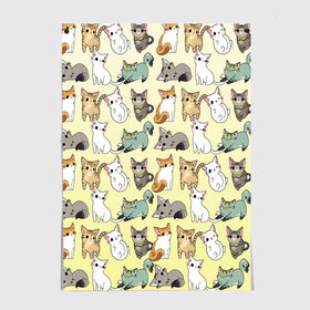 Постер с принтом мультяшные котики на желтом мя в Новосибирске, 100% бумага
 | бумага, плотность 150 мг. Матовая, но за счет высокого коэффициента гладкости имеет небольшой блеск и дает на свету блики, но в отличии от глянцевой бумаги не покрыта лаком | Тематика изображения на принте: ветеринар | градиент | домашний питомец | котейки | котики | коты | котэ | котята | кошатник | кошатница | кошачьи | кошки | любитель животных | много | мультяшные | мяу | нэко | рисованный | узор