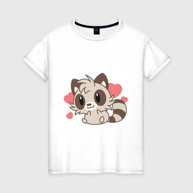 Женская футболка хлопок с принтом влюбленный енотик в Новосибирске, 100% хлопок | прямой крой, круглый вырез горловины, длина до линии бедер, слегка спущенное плечо | влюбленный | енот | енотик | животные | зверушка | картинка | любовь | мило | рисунок | сердечки