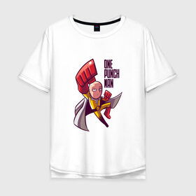 Мужская футболка хлопок Oversize с принтом герой Сайтама комикс в Новосибирске, 100% хлопок | свободный крой, круглый ворот, “спинка” длиннее передней части | Тематика изображения на принте: аниме | герой | комикс | костюм | лысый | надпись | плащ | полет | сайтама | супергерой | фан арт | фанарт | человек один удар | чиби