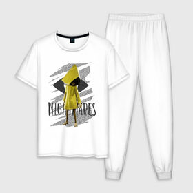 Мужская пижама хлопок с принтом Little Nightmares в Новосибирске, 100% хлопок | брюки и футболка прямого кроя, без карманов, на брюках мягкая резинка на поясе и по низу штанин
 | game | little nightmares | девочка | желтый плащ | игры | парные футболки
