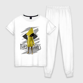 Женская пижама хлопок с принтом Little Nightmares в Новосибирске, 100% хлопок | брюки и футболка прямого кроя, без карманов, на брюках мягкая резинка на поясе и по низу штанин | game | little nightmares | девочка | желтый плащ | игры | парные футболки