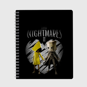 Тетрадь с принтом Little Nightmares II love в Новосибирске, 100% бумага | 48 листов, плотность листов — 60 г/м2, плотность картонной обложки — 250 г/м2. Листы скреплены сбоку удобной пружинной спиралью. Уголки страниц и обложки скругленные. Цвет линий — светло-серый
 | black | game | little nightmares 2 | love | девочка и мальчик | любовь | пара | сердце | черный