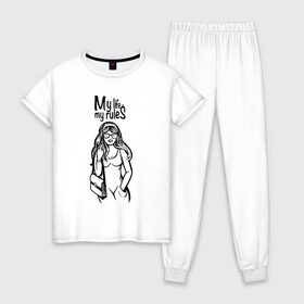 Женская пижама хлопок с принтом My life - my rules в Новосибирске, 100% хлопок | брюки и футболка прямого кроя, без карманов, на брюках мягкая резинка на поясе и по низу штанин | бич герлс | дерзкая | стерва