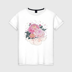Женская футболка хлопок с принтом Пионы в Новосибирске, 100% хлопок | прямой крой, круглый вырез горловины, длина до линии бедер, слегка спущенное плечо | flo | flowers | растения | флористика | цветение | цветы