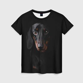 Женская футболка 3D с принтом ТАКСА в Новосибирске, 100% полиэфир ( синтетическое хлопкоподобное полотно) | прямой крой, круглый вырез горловины, длина до линии бедер | animal | black | dog | photo | глаза | домашние | животные | звери | пес | собакен | собаки | такса | черный
