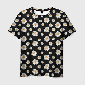 Мужская футболка 3D с принтом Ромашки на чёрном в Новосибирске, 100% полиэфир | прямой крой, круглый вырез горловины, длина до линии бедер | Тематика изображения на принте: бабочки | лето | природа | рома | ромашка | ромашки | цветочки | цветы
