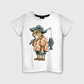 Детская футболка хлопок с принтом Котан рыбак в Новосибирске, 100% хлопок | круглый вырез горловины, полуприлегающий силуэт, длина до линии бедер | Тематика изображения на принте: кот | лето | рубашка | рыба | удочка | хипстер | шлепанцы | шорты