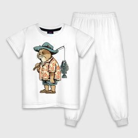 Детская пижама хлопок с принтом Котан рыбак в Новосибирске, 100% хлопок |  брюки и футболка прямого кроя, без карманов, на брюках мягкая резинка на поясе и по низу штанин
 | кот | лето | рубашка | рыба | удочка | хипстер | шлепанцы | шорты