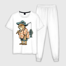 Мужская пижама хлопок с принтом Котан рыбак в Новосибирске, 100% хлопок | брюки и футболка прямого кроя, без карманов, на брюках мягкая резинка на поясе и по низу штанин
 | кот | лето | рубашка | рыба | удочка | хипстер | шлепанцы | шорты
