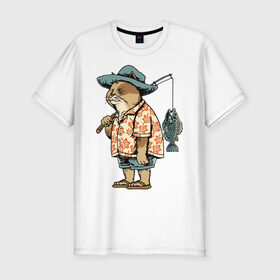 Мужская футболка хлопок Slim с принтом Котан рыбак в Новосибирске, 92% хлопок, 8% лайкра | приталенный силуэт, круглый вырез ворота, длина до линии бедра, короткий рукав | кот | лето | рубашка | рыба | удочка | хипстер | шлепанцы | шорты