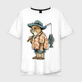 Мужская футболка хлопок Oversize с принтом Котан рыбак в Новосибирске, 100% хлопок | свободный крой, круглый ворот, “спинка” длиннее передней части | Тематика изображения на принте: кот | лето | рубашка | рыба | удочка | хипстер | шлепанцы | шорты