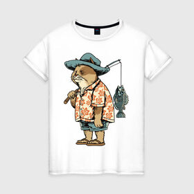 Женская футболка хлопок с принтом Котан рыбак в Новосибирске, 100% хлопок | прямой крой, круглый вырез горловины, длина до линии бедер, слегка спущенное плечо | кот | лето | рубашка | рыба | удочка | хипстер | шлепанцы | шорты