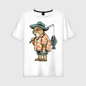 Женская футболка хлопок Oversize с принтом Котан рыбак в Новосибирске, 100% хлопок | свободный крой, круглый ворот, спущенный рукав, длина до линии бедер
 | кот | лето | рубашка | рыба | удочка | хипстер | шлепанцы | шорты