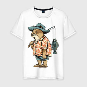 Мужская футболка хлопок с принтом Котан рыбак в Новосибирске, 100% хлопок | прямой крой, круглый вырез горловины, длина до линии бедер, слегка спущенное плечо. | кот | лето | рубашка | рыба | удочка | хипстер | шлепанцы | шорты