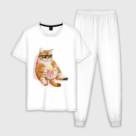 Мужская пижама хлопок с принтом Ленивый кот в Новосибирске, 100% хлопок | брюки и футболка прямого кроя, без карманов, на брюках мягкая резинка на поясе и по низу штанин
 | Тематика изображения на принте: корн | кот | ленивый | очки | поп | попкорн | хипстер