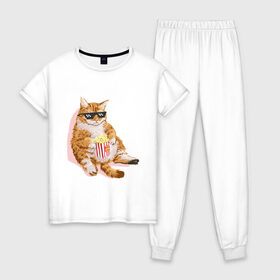 Женская пижама хлопок с принтом Ленивый кот в Новосибирске, 100% хлопок | брюки и футболка прямого кроя, без карманов, на брюках мягкая резинка на поясе и по низу штанин | Тематика изображения на принте: корн | кот | ленивый | очки | поп | попкорн | хипстер