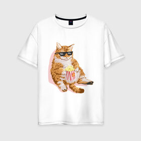 Женская футболка хлопок Oversize с принтом Ленивый кот в Новосибирске, 100% хлопок | свободный крой, круглый ворот, спущенный рукав, длина до линии бедер
 | Тематика изображения на принте: корн | кот | ленивый | очки | поп | попкорн | хипстер