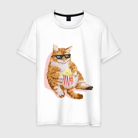 Мужская футболка хлопок с принтом Ленивый кот в Новосибирске, 100% хлопок | прямой крой, круглый вырез горловины, длина до линии бедер, слегка спущенное плечо. | Тематика изображения на принте: корн | кот | ленивый | очки | поп | попкорн | хипстер