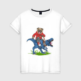 Женская футболка хлопок с принтом Мопс на динозавре в Новосибирске, 100% хлопок | прямой крой, круглый вырез горловины, длина до линии бедер, слегка спущенное плечо | дикий | динозавр | кеды | мопс | собака | тирекс | хипстер