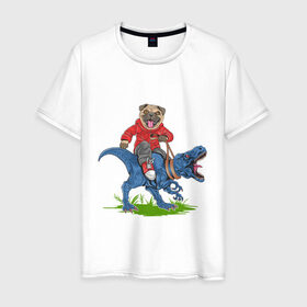 Мужская футболка хлопок с принтом Мопс на динозавре в Новосибирске, 100% хлопок | прямой крой, круглый вырез горловины, длина до линии бедер, слегка спущенное плечо. | Тематика изображения на принте: дикий | динозавр | кеды | мопс | собака | тирекс | хипстер