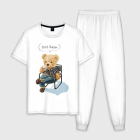 Мужская пижама хлопок с принтом Just Relax в Новосибирске, 100% хлопок | брюки и футболка прямого кроя, без карманов, на брюках мягкая резинка на поясе и по низу штанин
 | Тематика изображения на принте: игрушка | кофе | медведь | милый | релакс | сидящий | стул | чилл