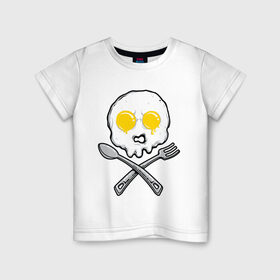 Детская футболка хлопок с принтом Череп яичница в Новосибирске, 100% хлопок | круглый вырез горловины, полуприлегающий силуэт, длина до линии бедер | вилка | еда | завтрак | ложка | пиратский | флаг | череп | яичница | яйца