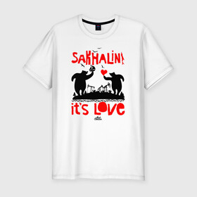 Мужская футболка хлопок Slim с принтом Сахалин - это любовь в Новосибирске, 92% хлопок, 8% лайкра | приталенный силуэт, круглый вырез ворота, длина до линии бедра, короткий рукав | Тематика изображения на принте: sakhalin | газ | горбуша | карафуто | каторга | курилы | маока | материк | море | нефть | остров | охотское | пурга | рыба | сахалин | снег | тоёхара | чехов | южно сахалинск | японка