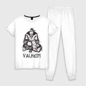 Женская пижама хлопок с принтом Valheim Викинг Берсерк в Новосибирске, 100% хлопок | брюки и футболка прямого кроя, без карманов, на брюках мягкая резинка на поясе и по низу штанин | axe | berserk | berserker | nord | ragnarok | viking | vikings | warrior | берсеркер | валькирия | викинги | воин | мифология | норд | норман | норманн | один | рагнар | рагнарок | руна | руны | русич | русь | с топором | скандинавия