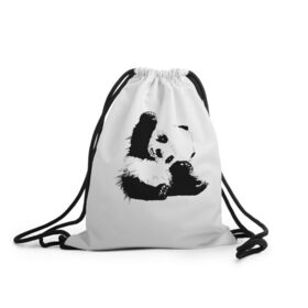 Рюкзак-мешок 3D с принтом Панда минимализм в Новосибирске, 100% полиэстер | плотность ткани — 200 г/м2, размер — 35 х 45 см; лямки — толстые шнурки, застежка на шнуровке, без карманов и подкладки | animal | bear | beast | black | minimalism | panda | white | белое | животное | зверь | краски | медведь | минимализм | панда | чернила | черно белое | черное