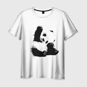 Мужская футболка 3D с принтом Панда минимализм в Новосибирске, 100% полиэфир | прямой крой, круглый вырез горловины, длина до линии бедер | animal | bear | beast | black | minimalism | panda | white | белое | животное | зверь | краски | медведь | минимализм | панда | чернила | черно белое | черное