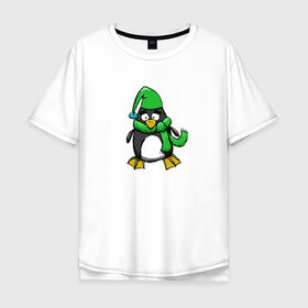 Мужская футболка хлопок Oversize с принтом Пингвин в Новосибирске, 100% хлопок | свободный крой, круглый ворот, “спинка” длиннее передней части | Тематика изображения на принте: пингвин | пингвин в шапке | пингвин в шарфе | рисунок | шарф