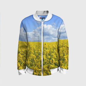 Детский бомбер 3D с принтом Желтый цвет весны в Новосибирске, 100% полиэстер | застегивается на молнию, по бокам два кармана без застежек, мягкие манжеты, по низу бомбера и на воротнике — эластичная резинка | art | casual | арт | весенний | весна | градиент | зелень | лето | облака | поле | растения | структура | текстура | цветы