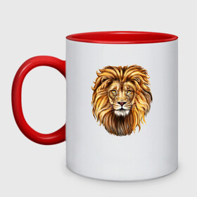 Кружка двухцветная с принтом LION в Новосибирске, керамика | объем — 330 мл, диаметр — 80 мм. Цветная ручка и кайма сверху, в некоторых цветах — вся внутренняя часть | animal | beast | cat | cute | fluffy | hunter | lion | lion cub | lion king | mane | predator | red | tail | yellow | большая кошка | грива | животное | зверь | король лев | кот | лев | лёвушка | львенок | милый | муфаса | охотник | пушистый 