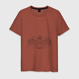 Мужская футболка хлопок с принтом город N в стиле лайн арт в Новосибирске, 100% хлопок | прямой крой, круглый вырез горловины, длина до линии бедер, слегка спущенное плечо. | город | дома | замок | кремль | лайн арт | линия | мост | река | стиль