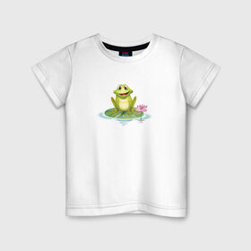 Детская футболка хлопок с принтом Лягушка на кувшинке в Новосибирске, 100% хлопок | круглый вырез горловины, полуприлегающий силуэт, длина до линии бедер | животное | кувшинка | лягушка | лягушка на кувшинке | лягушонок | минимализм | рисунок