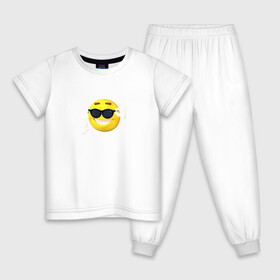 Детская пижама хлопок с принтом Постироничный смайлик в Новосибирске, 100% хлопок |  брюки и футболка прямого кроя, без карманов, на брюках мягкая резинка на поясе и по низу штанин
 | Тематика изображения на принте: mem | мем | постирония | смайлик в очках | эмодзи | юмор