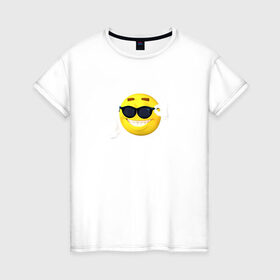 Женская футболка хлопок с принтом Постироничный смайлик в Новосибирске, 100% хлопок | прямой крой, круглый вырез горловины, длина до линии бедер, слегка спущенное плечо | mem | мем | постирония | смайлик в очках | эмодзи | юмор