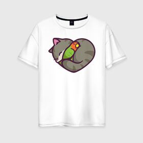 Женская футболка хлопок Oversize с принтом Кот - сердце в Новосибирске, 100% хлопок | свободный крой, круглый ворот, спущенный рукав, длина до линии бедер
 | животное | зверь | кот | кот   сердце | кошка | попугай | птицы