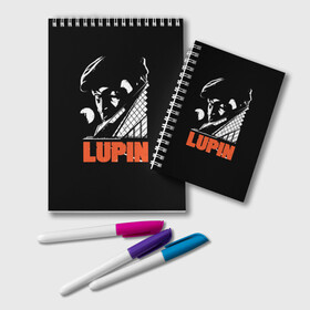 Блокнот с принтом Lupin - Сериал Люпен в Новосибирске, 100% бумага | 48 листов, плотность листов — 60 г/м2, плотность картонной обложки — 250 г/м2. Листы скреплены удобной пружинной спиралью. Цвет линий — светло-серый
 | Тематика изображения на принте: lupin | netflix | детектив | логотип | люпен | люпин | люпэн | мужской | нетфликс | омар си | подарок | портрет | сериал | черный