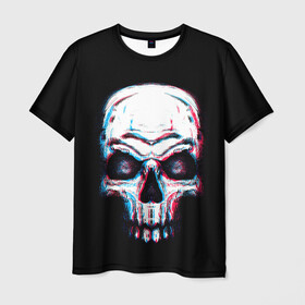 Мужская футболка 3D с принтом Glitch Skull в Новосибирске, 100% полиэфир | прямой крой, круглый вырез горловины, длина до линии бедер | Тематика изображения на принте: art | dead | death | ghost | glitch | neon | skeleton | skull | skulls | арт | глитч | глич | неон | призрак | скелет | череп | черепа