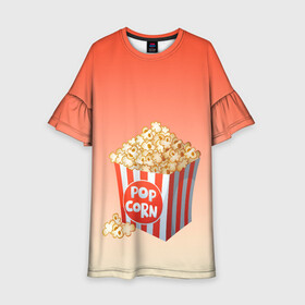 Детское платье 3D с принтом попкорн рисунок в Новосибирске, 100% полиэстер | прямой силуэт, чуть расширенный к низу. Круглая горловина, на рукавах — воланы | вкусняшка | воздушная кукуруза | еда | кино | кинопросмотр | киносеанс | кинотеатр | попкорн